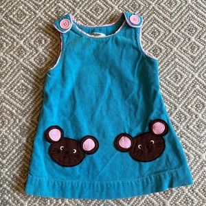 Baby Boden blue and pink corduroy jumper with mouse applique pockets.
